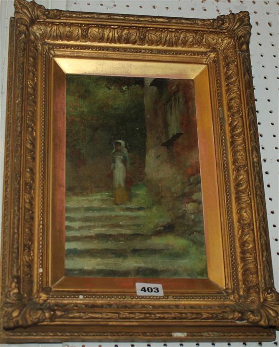 Oil on board - Girl walking down steps by Harold Speed